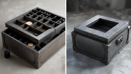 Tactician's Strongbox: A Diptych of a Weathered Metal Game Set, Open and Closed.
