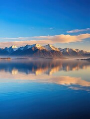 Obraz premium Majestic Alps reflected in the calm waters of the Gulf of Trieste at dawn