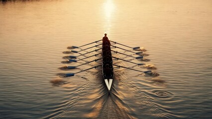 Synchronized Eight-Person Rowing Crew Glides Through Golden Hour Water