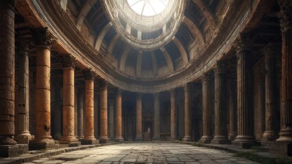 Obraz premium Sunlight Pierces the Oculus of a Grand, Weathered Ancient Rotunda