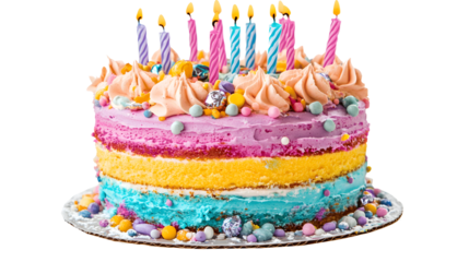 A birthday cake with candles on a transparent background