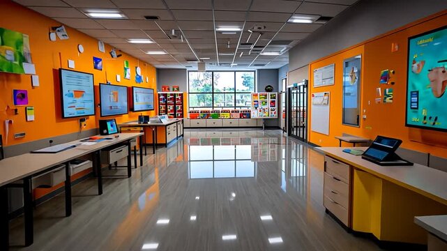 Bright modern STEM classroom with visual aids flat screen displays for collaborative projects creative exploration education technology innovative teaching concept