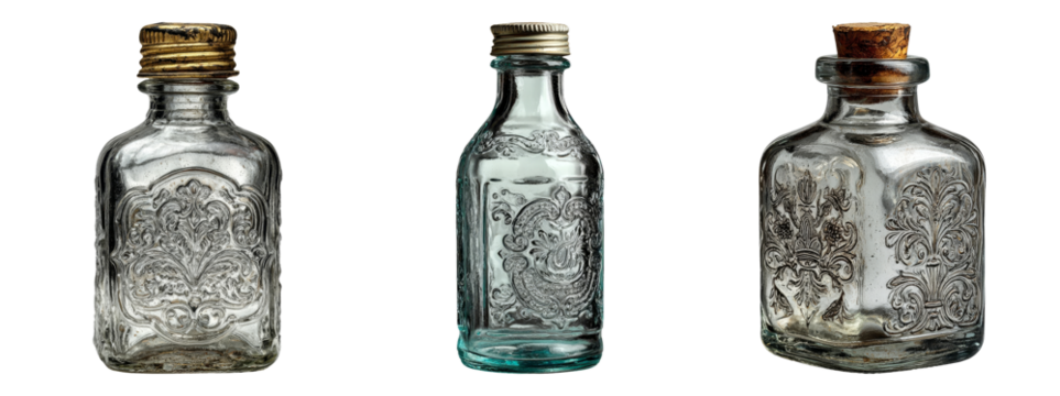 Elegant Vintage Glass Bottles with Intricate Floral Designs