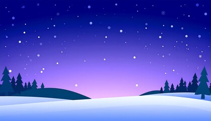 Winter landscape at night with snow and trees.