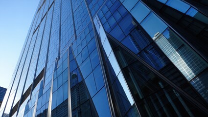 Low angle view of a modern glass skyscraper reflecting the sky and nearby buildings in its windows