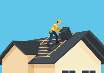 A skilled builder in a hard hat meticulously installing new shingles on a residential house roof, showcasing professional roofing and home improvement.