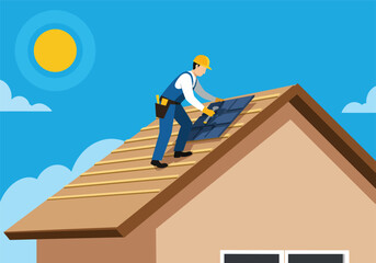 A professional builder and solar energy technician installs photovoltaic panels on a residential rooftop, harnessing sustainable energy.