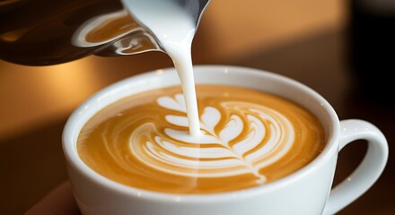Close-Up of a Barista Pouring Milk to Create a Latte Art