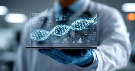 Confident Doctor Holding Digital Tablet with Hyper-Realistic DNA Helix Interface on White Background - Powered by Adobe