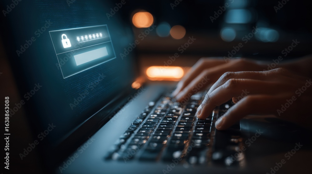 Poster cyber security: a hand types a password on laptop with illuminated screen during online transaction 