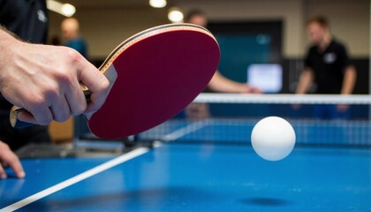 Close-up of a hand holding a table tennis paddle ready to hit a ping pong ball during a game.