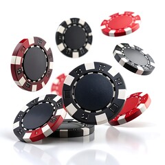 Several black and red chips in mid-air against a white background