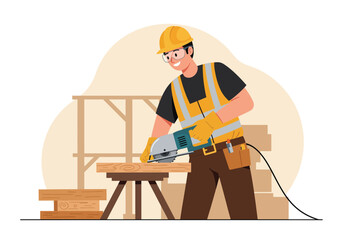 A professional builder and carpenter in safety gear happily using a circular saw to cut wood planks at a construction site.