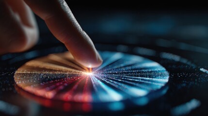 Obraz premium Digital Interaction: A human finger gently touches a futuristic digital interface, sparking a vibrant burst of light and energy.