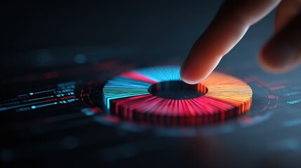 Analyzing the Data: A close-up captures a finger interacting with a vibrant circular diagram, with diverse colors and subtle data points, symbolizing data analysis, data processing.