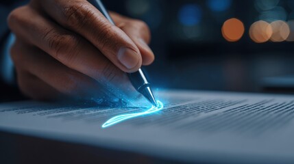 Naklejka premium Ink of Agreement: A focused person's hand elegantly signs a document, emphasizing precision and commitment in a contemporary setting with a vibrant glow.