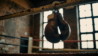 Old boxing gloves hanging from a ring rope in an empty, vintage boxing gym.
