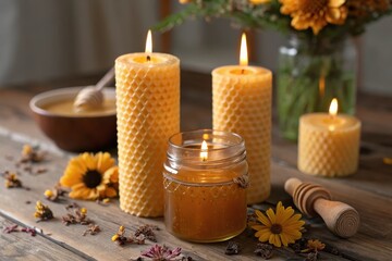 Beeswax candles beside a jar of honey