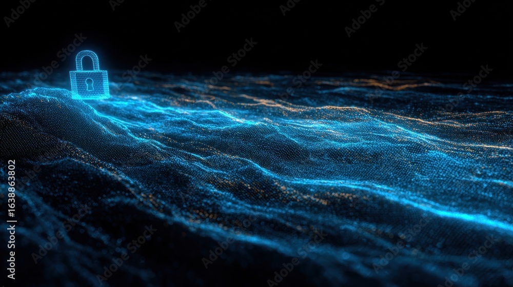 Poster digital security abstract: in a digitally rendered scene, a glowing padlock floats serenely above a 