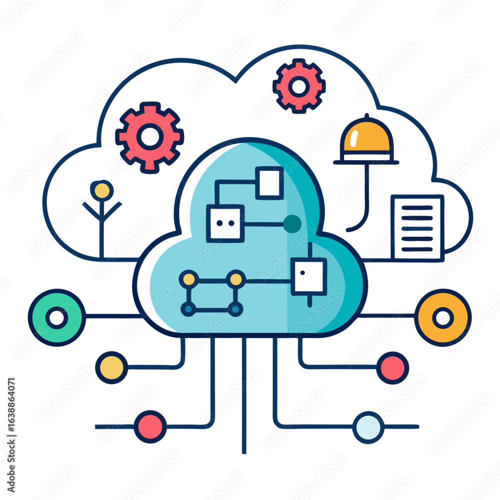 Aufkleber cloud computing network diagram with data flow and gears