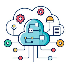 Cloud computing network diagram with data flow and gears