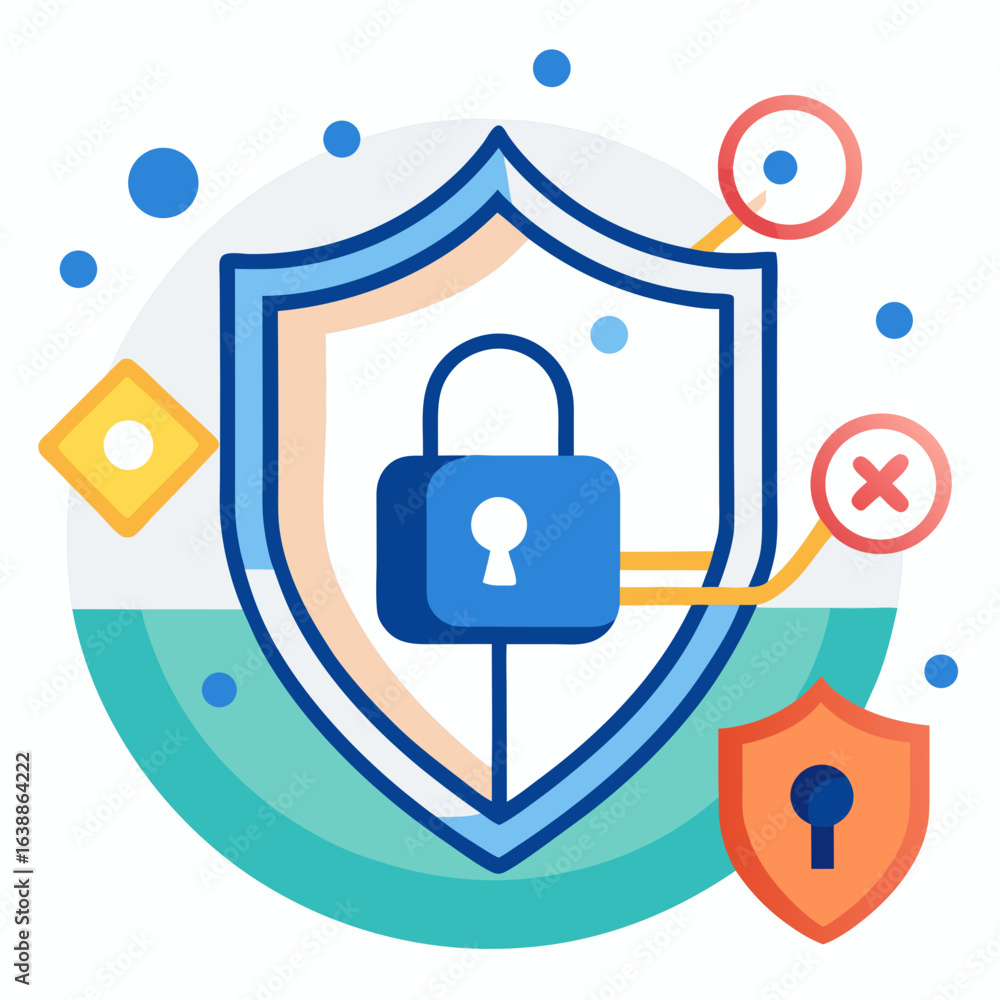Poster digital security shield with padlock and warning symbols