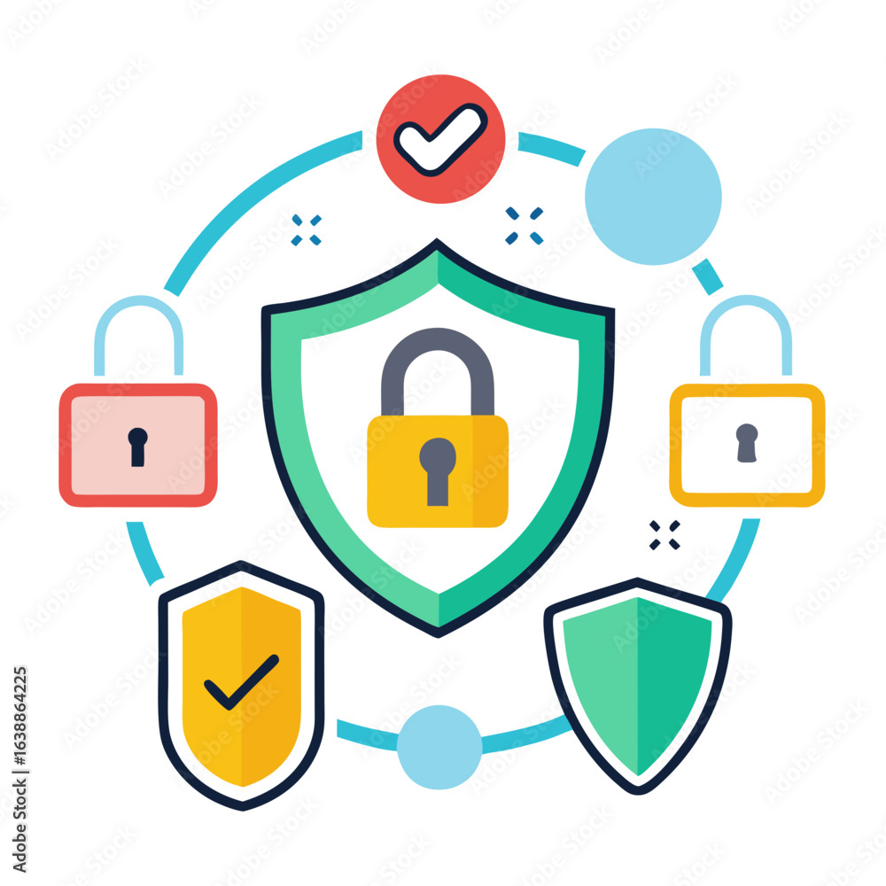 Aufkleber digital security network with shields and padlocks