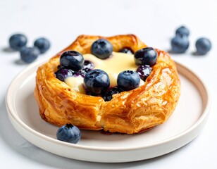 Hyper realistic blueberry Danish pastry with creamy filling and fruit glaze, golden crust, no text, AI generated.