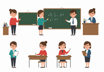 Cartoon vector illustration set of diverse teachers and students in various classroom and education-related poses, perfect for learning and teaching concepts.