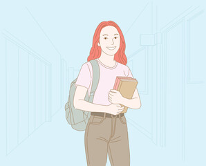 Smiling female student holding books in school hallway illustration