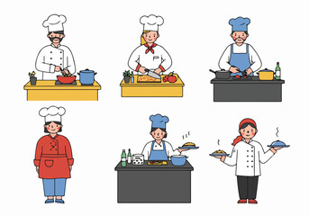 Set of Diverse Cartoon Chefs Cooking, Preparing, and Serving Food. Hand-Drawn Illustrations of Professional Cooks at Work in Kitchen.