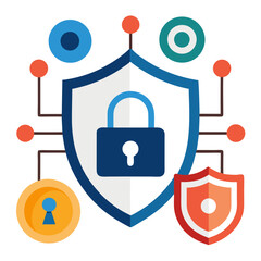 Digital security concept with shields and padlock