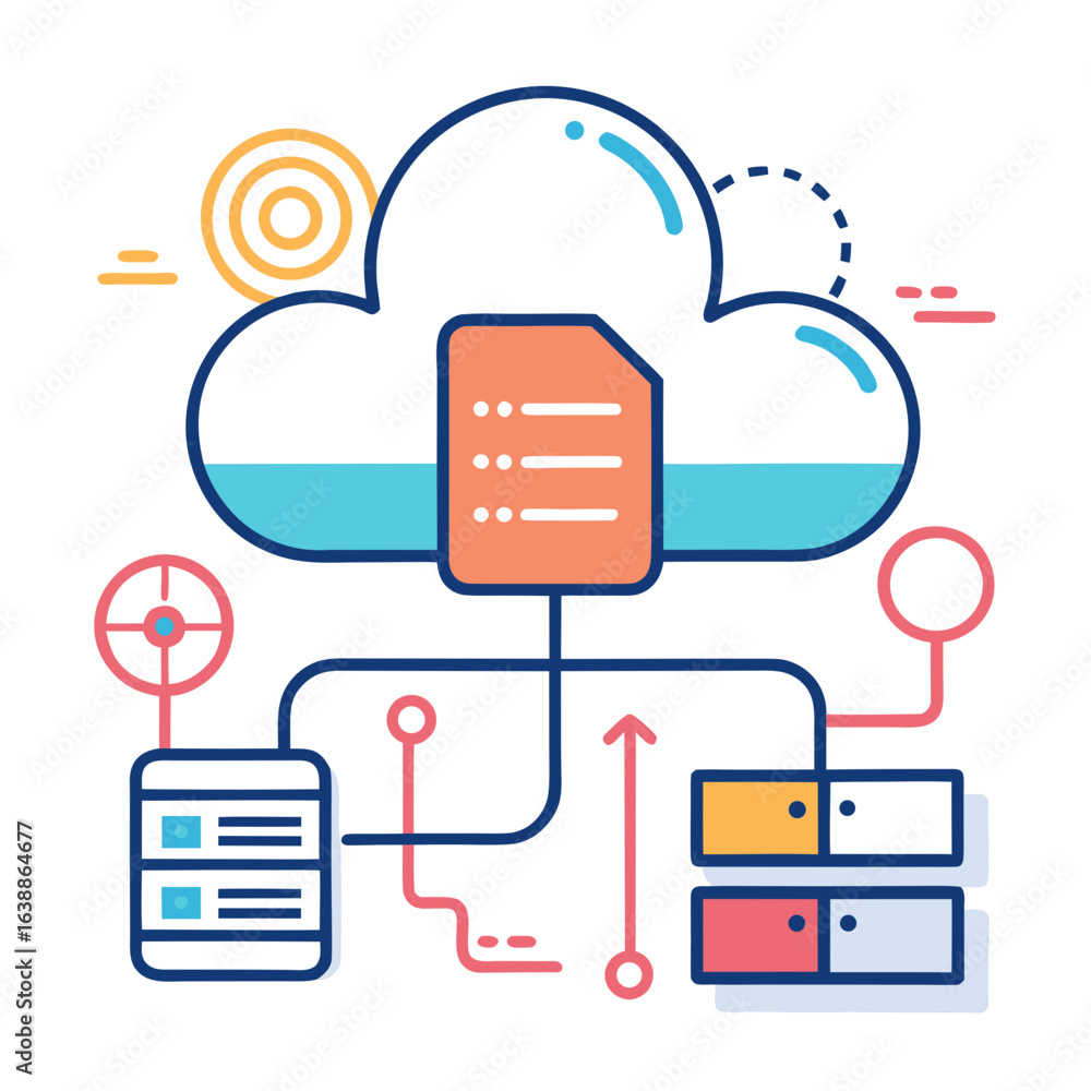 Poster cloud computing network diagram with data flow and servers