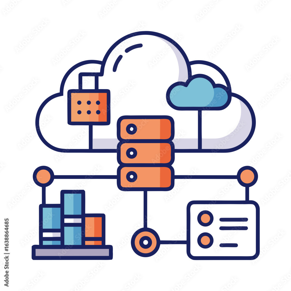 Poster cloud computing network with servers and data storage illustration