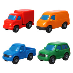 Fototapeta premium 3D Plastic Icon Style Vehicles Set Featuring Red Truck Orange Van Blue Pickup Truck and Green Suv on Transparent Background