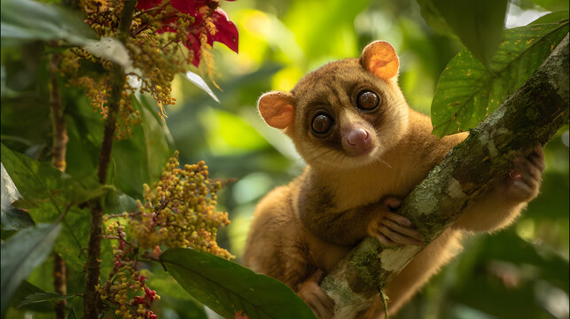 Rare animal kinkajou (Potos flavus) gracefully dangling from a branch in the vibrant canopy of the Central American rainforest.