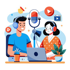 Two people recording a podcast together with a microphone and laptop