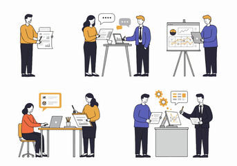 Diverse Business People Collaborating and Analyzing Data in Various Office Settings, Illustrating Teamwork, Strategy, and Digital Workflow Management.