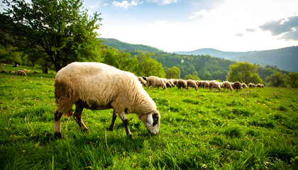 Obraz premium Flock of Sheep Grazing on Lush Green Grass Under Bright Blue Sky and Mountains in Background