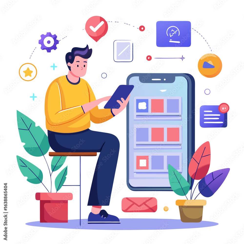 Aufkleber man using tablet with smartphone and digital interface elements around him