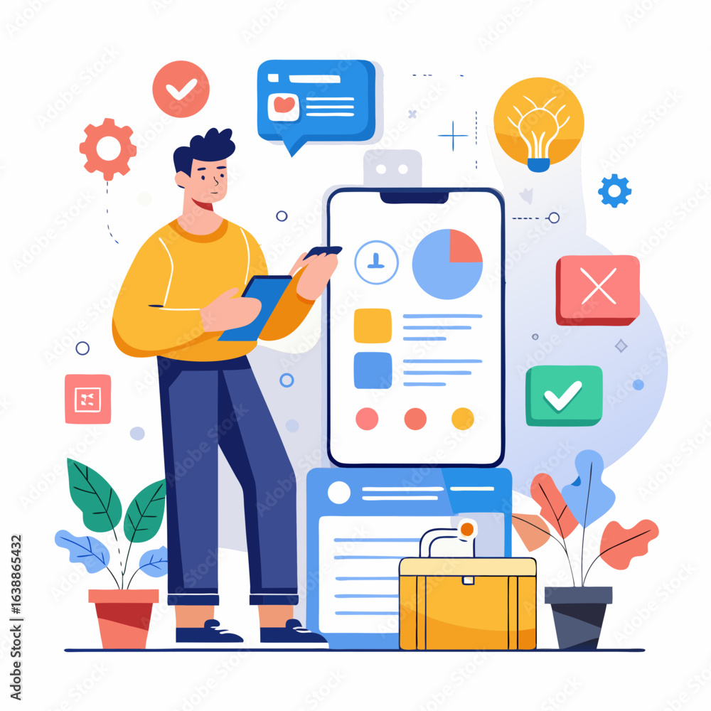 Poster man working on digital project with charts and graphs on phone