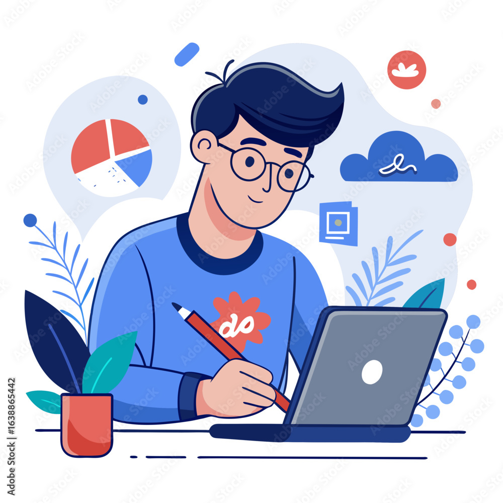 Aufkleber man working on laptop with data analysis and cloud storage elements