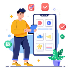Man interacting with a smartphone app interface showing various icons and checkmarks