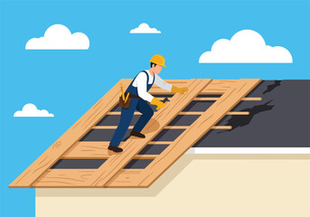 A skilled builder in a hard hat and overalls working on a new house roof construction, installing wooden planks and framing