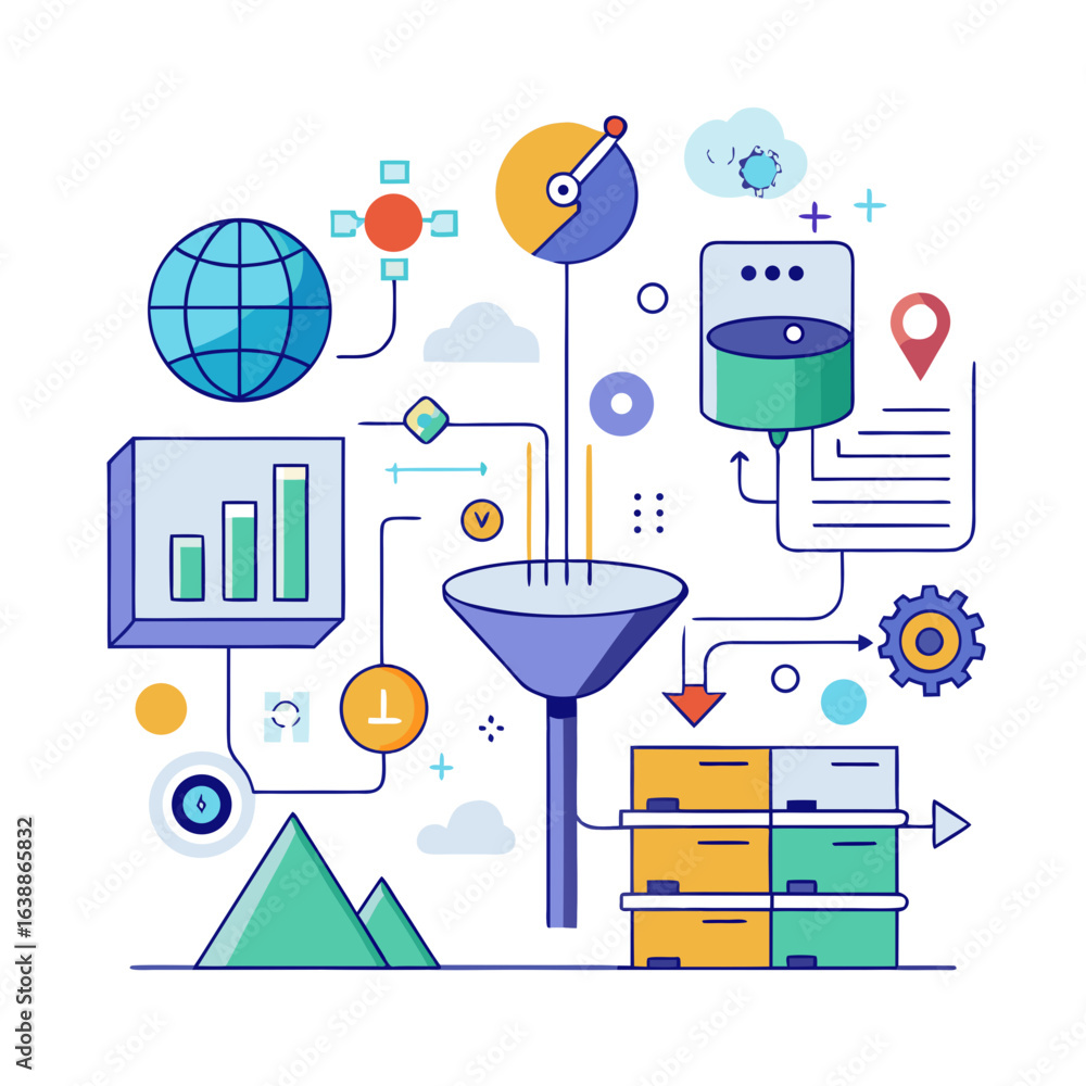 Poster abstract data flow and analytics process illustration