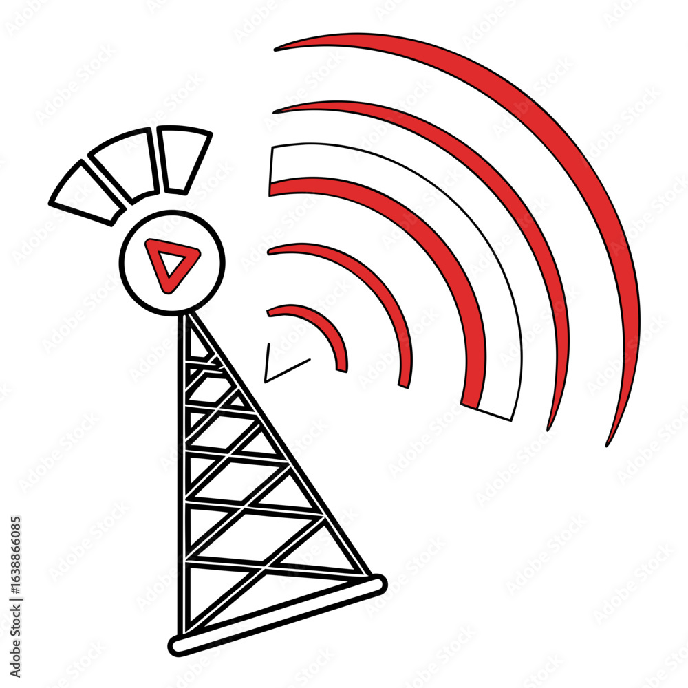 Poster radio tower broadcasting signal with play button symbol