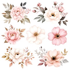 Six elegant floral arrangements in soft pinks and creams, featuring roses and anemones