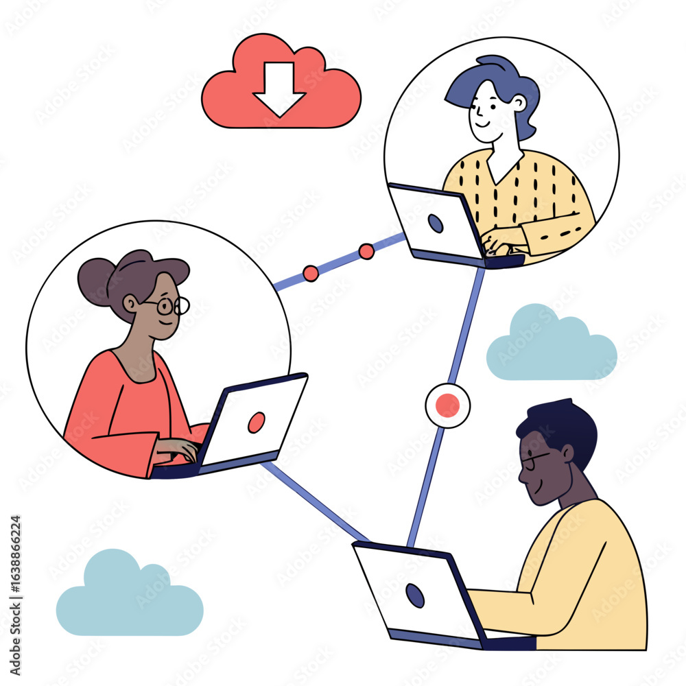 Poster diverse team collaborating remotely using laptops and cloud technology
