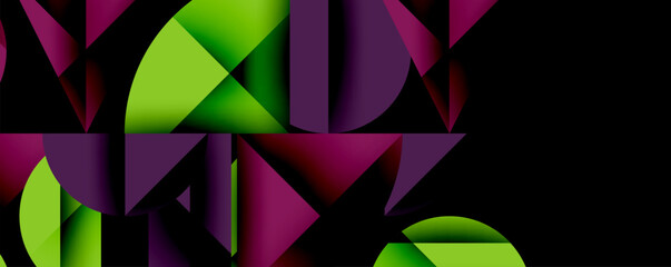 Obraz premium Abstract geometric shapes form letters. Vivid purple, green hues dominate composition. Modern design, bold visual impact.