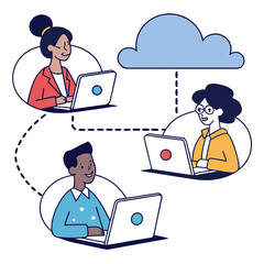 Diverse team collaborating remotely using cloud technology and laptops